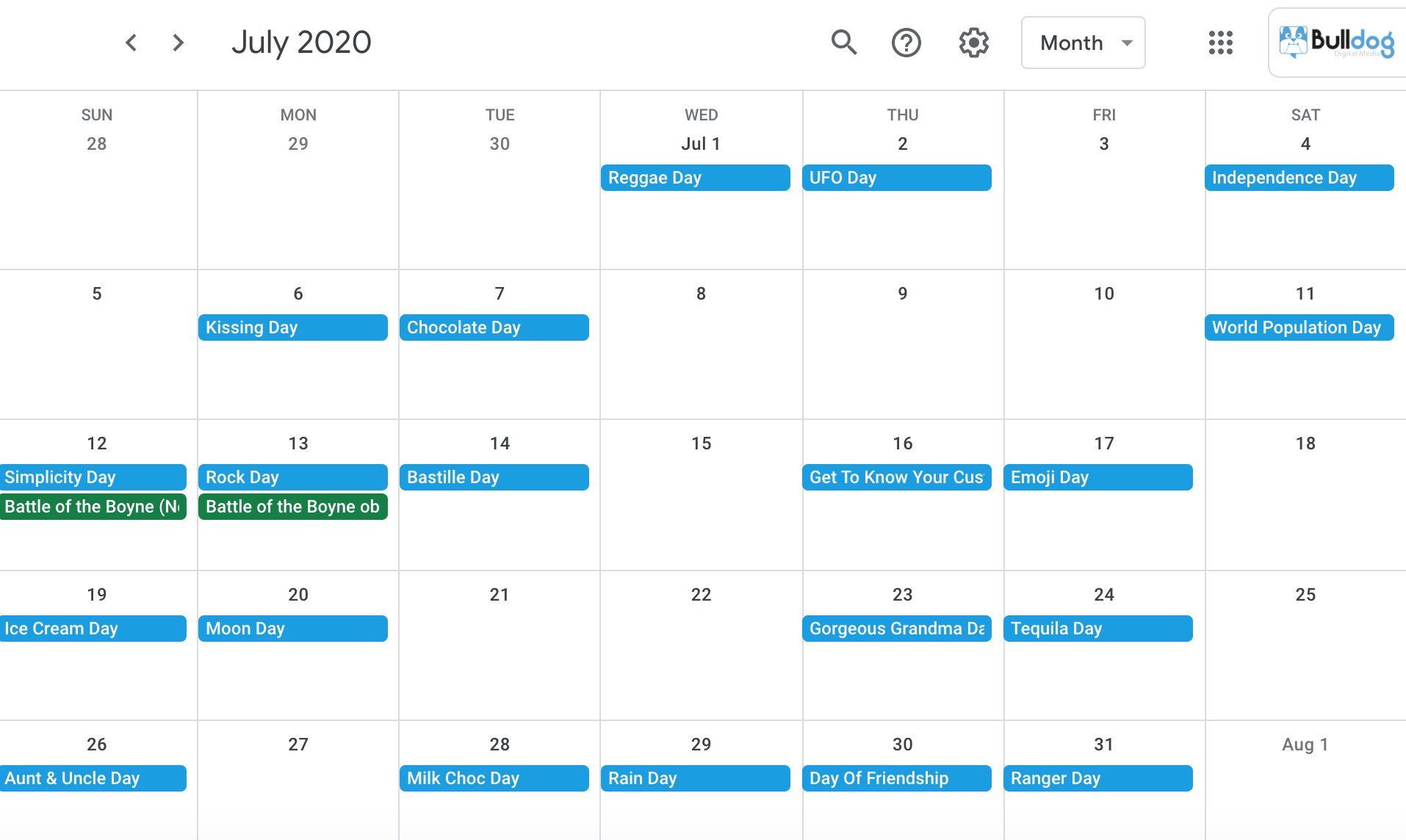 Social media holidays calendar 2020 Bulldog