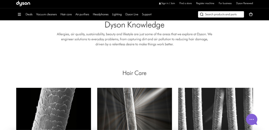 The knowledge section on Dyson’s website